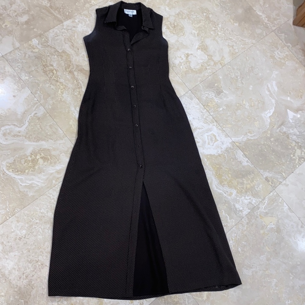 Vintage UNGARO Long Brown Polka Dot Sleeveless Tailored Cut Maxi Dress